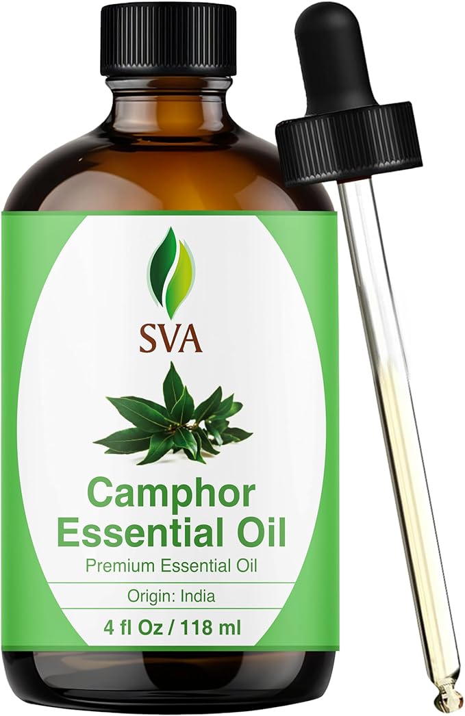 SVA Camphor Essential Oil – 4 Fl Oz – 100% Natural Camphor Oil - for Diffuser, Hair Care, Face, Skin Care, Aromatherapy, Scalp and Body Massage, Soap and Candle Making – with Dropper - Bloomnest
