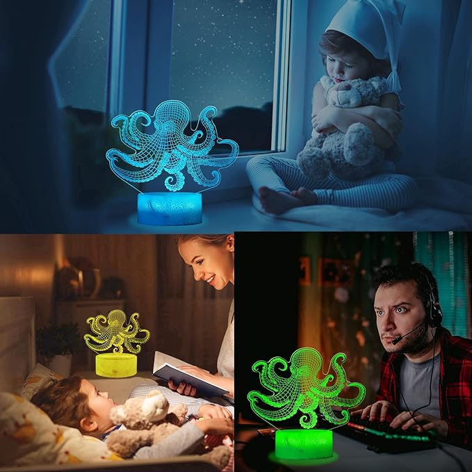 Octopus Night Light, 3D Illusion Night Light Lamp, Octopus Stuff with 16 Colors Changing, Timer, 4 Flash Modes and Dimmable, Kids Room Decoration, Xmas Gifts - Bloomnest