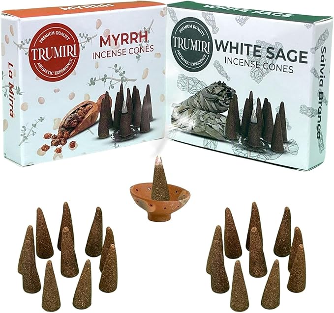 TRUMIRI Incense Cones - Combo Pack of 20 Cone Incense - 10 White Sage + 10 Myrrh TRUMIRI