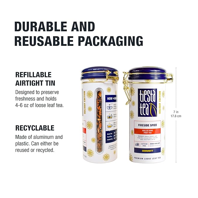 Tiesta Tea - Fireside Spice, Loose Leaf, Mulled Wine Herbal Tea, Premium Non-Caffeinated Blend, Makes Hot or Iced & Brews Up to 50 Cups, 5oz Refillable Tin - Bloomnest