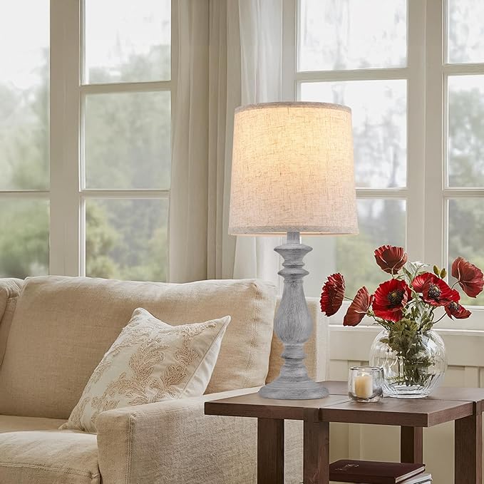 Lamps Set of 2 Vintage Rustic Farmhouse Table Lamps Bedside Reading Lamp Bedroom Nightstand Living Room Teapoy Lamp, Desk Light, 22 Inch High,Light Grey, with Fabric Shade, Bulb Not Included - Bloomnest