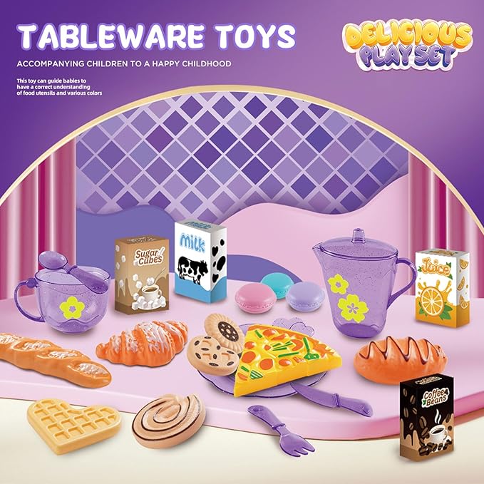 Tea Party Set for Little Girls, Pretend Dessert Food Set for Kids Age 3 4 5 6 7 8 9, Kids Kitchen Pretend Play Dessert Set for Girls Princess Boys (Purple) - Bloomnest