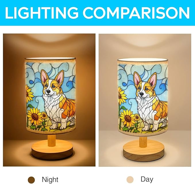 Corgi Table Lamp LED 3-Color Pressed Bedside, Dog Shade Lamp with Wood Base for Bedroom Living Room Desk Office - Bloomnest