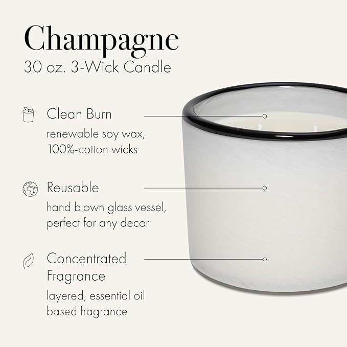 LAFCO New York 3-Wick Candle, Champagne - 30 oz - 120-Hour Burn Time - Reusable, Hand Blown Glass Vessel - Made in The USA - Bloomnest