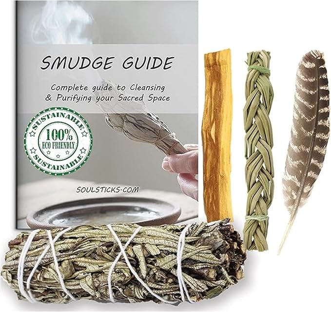 Ancient VEDA Organic Smudge Kit – Yerba Santa, Palo Santo, Sweetgrass Braid, Feather & Smudge Guide | Home Cleansing Kit for Meditation, Yoga, Energy Healing & Gift (Starter Kit, Yerba Santa Sage) AncientVeda