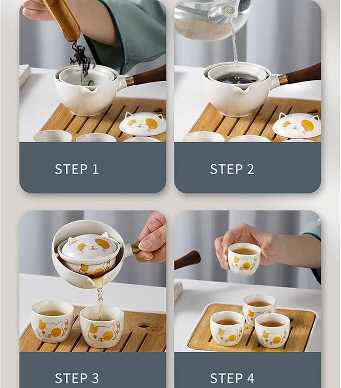 Ceramic Portable Travel Tea Set, Chinese Kungfu Tea Set with 360 Rotation Teapot and Infuser, 4 Tea Cups, Tea Tray And Travel Bag (Cute Cat)