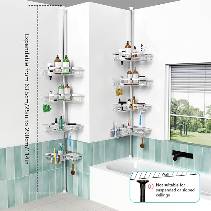KEGII Shower Caddy Corner Tension Pole - Adjustable Corner Shower Organizer with Tooth Brush Holder, No Drilling Rustproof Bathroom Shelf Storage Rack, Fits 25-114.2 Inch, Silver - Bloomnest
