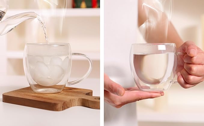 CNGLASS Double Walled Glass Coffee Mugs with Handle,12oz Insulated Glass Mugs with Handle,Clear Espresso Cups for Latte,Cappuccino,Tea Bag,Set of 2 - Bloomnest