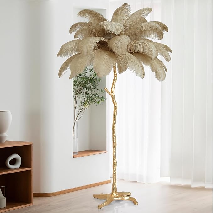 MAYOLA Luxury Resin Ostrich Feather Lamp, 35 Pieces Real Ostrich Feathers,Floor Lamp for Living Room, Bedroom and Office 67” Tall Feather Lamp(Ostrich Color, Floor Lamp) - Bloomnest