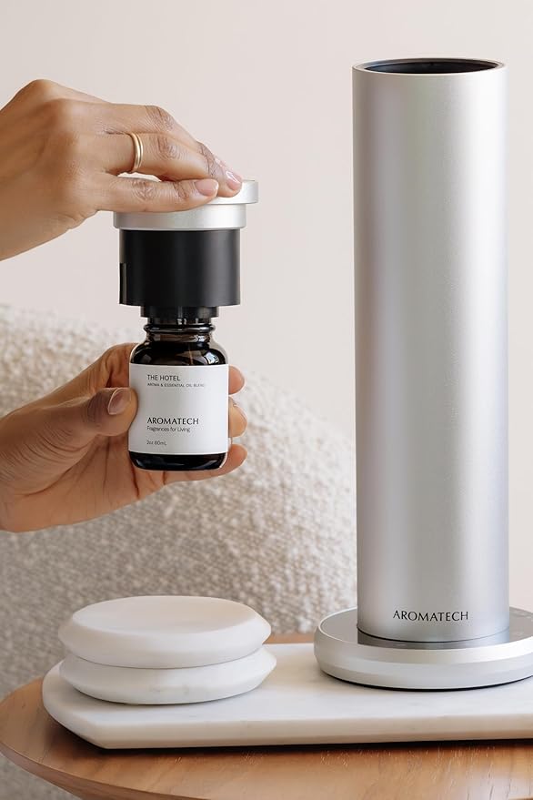 AromaTech New AroMini BT Plus Scent Diffuser w/Bluetooth – Cold-Air Diffusion Scent Machine for Home, Office, Hotel, Spa – Nebulizing Diffusion System for Essential Oil Blends (Silver) - Bloomnest