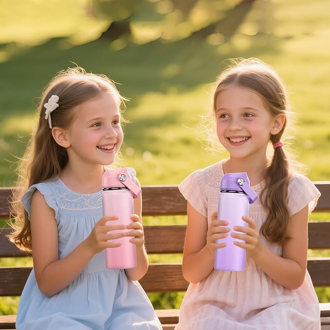 18oz Kids Insulated Water Bottle with Straw Lid - 18/8 Stainless Steel Kid Cup Travel Tumbler Double Wall Vacuum Leak Proof Portable Toddler Water Bottle (Pink+Purple） - Bloomnest