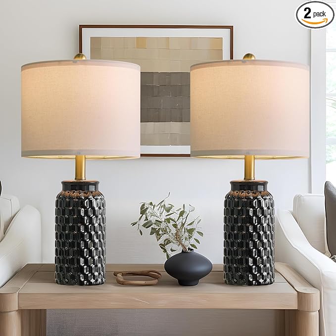 20.5" Black Modern Ceramic Bedside Lamp Set of 2 for Bedroom Decor Farmhouse Table Lamp for Living Room Office Dorm - Bloomnest