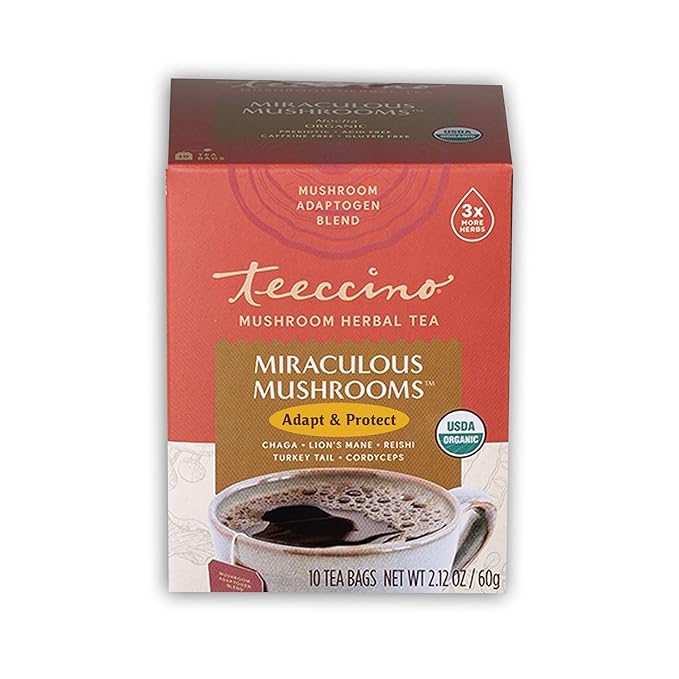 Teeccino Miraculous Mushrooms Adapt & Protect Herbal Tea By Teeccino, 10 Tea Bags - Five Organic Adaptogenic Mushrooms with Chicory & Cacao, 3x More Herbs than Regular Tea Bags, Caffeine Free, Prebiotic - Bloomnest