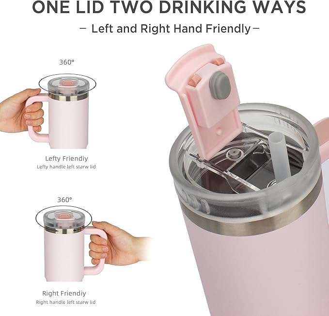 Tyeso 30 oz Tumbler with Handle, Straw and Lid - Leak Resistant Insulated Stainless Steel Water Bottle, Car Cup Holder Friendly Travel Coffee Mug Pink - Gifts for Men & Women - Bloomnest