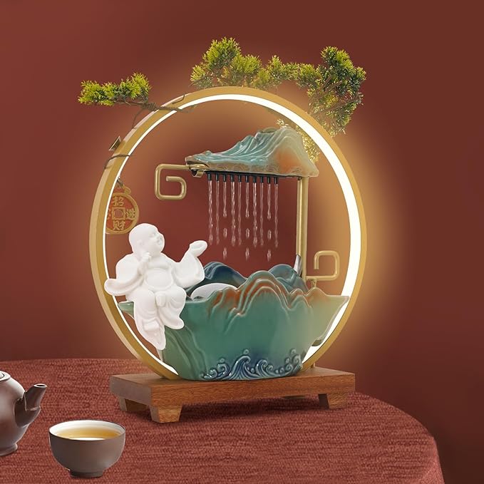 Tabletop Water Fountains, Indoor Water Fall with LED Light Zen Decor for Meditation with Mist, Japanese Decor with Fake Plants Feng Shui Decor for Good Luck Wealth - Bloomnest