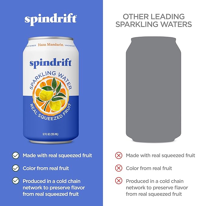 Spindrift Sparkling Water, Yuzu Mandarin Flavored, Made with Real Squeezed Fruit, 12 Fl OZ Cans, Pack of 24 (Only 6 Calories per Can) - Bloomnest