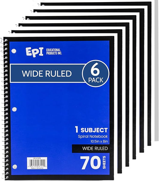 EPI Spiral Notebook | Wide - 70 Sheets, Durable Spiral Binding | 10.5 x 8 in | Classroom Supplies | School, Office, Note Taking, Journaling - 6 Pack - Bloomnest