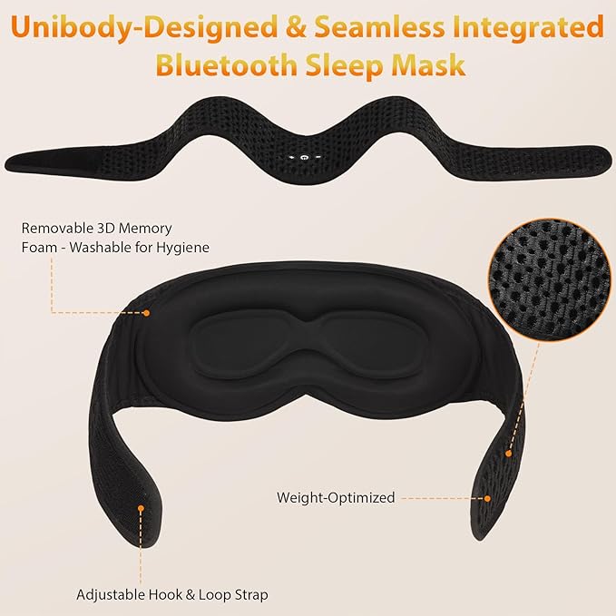 Bluetooth Sleep Mask HF016 Sleep Headphones with Detachable & Washable 3D Contoured Eye Mask, Integrated Adjustable Hook-and-Loop Eye Masks for Sleep, Perfect for Men/Women/Teens Sleep Gifts - Bloomnest