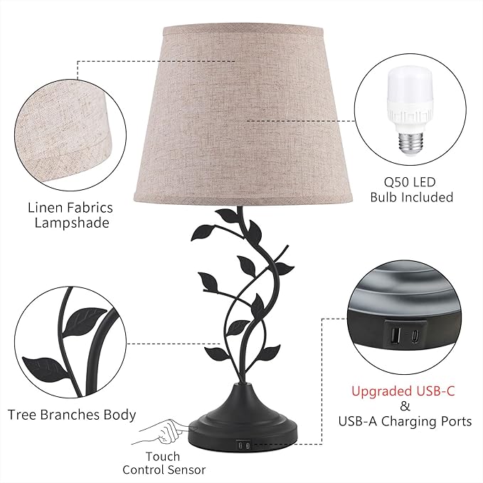 Kakanuo USB Touch Table Lamp Bedside Lamp with USB C Charging Ports for Living Room, Beige 3 Way Dimmable Traditional Nightstand Lamp Retro Table Lamp for Bedroom and Office (LED Bulb Included) - Bloomnest