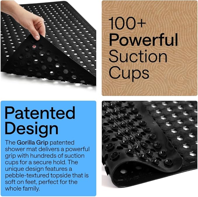 GORILLA GRIP Patented Square Shower Stall Mat, Small Bathtub Floor Mats for Stand Up Showers, Suction Cups and Drainage Holes, Machine Wash, Soft on Feet, Bathroom Accessories 21x21 Inch, Black Opaque - Bloomnest