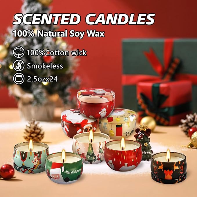 24 Pack Christmas Scented Candles - Natural Soy Wax Advent Candles, Smokeless Clean Burning with Cotton Wick, 2.5oz Mini Jar Candles for Holiday Gifts, Home Decor & Christmas Party Favors - Bloomnest