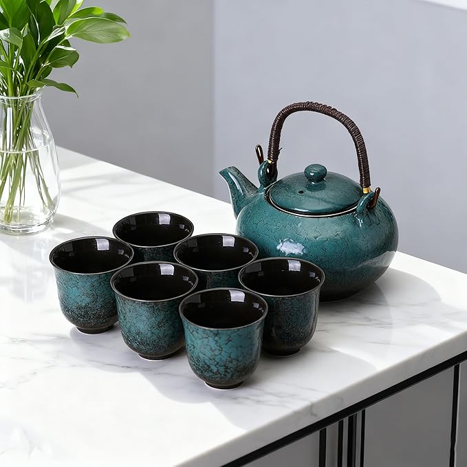 KEYDUACU Japanese Tea Set, Ceramic Tea Set, Plum Blossom Embossed, Teapot, 6 Teacups, Tea Tray, Strainer, Home, Outdoor, Gift, Chinese Kung Fu Tea Set (Pine Green) - Bloomnest