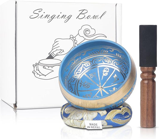 Kmise Tibetan Singing Bowls Set- Handmade in Nepal Meditation Sound Bowls for Yoga, Meditation, Mindfulness, Healing and Chakra Balancing, Stress Relief (3.5', Blue) - Bloomnest