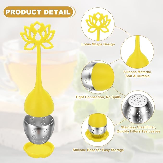 uxcell 2 Pcs Lotus Tea Infuser, Stainless Steel Loose Leaf Tea Steeper Filter with Silicone Handle Reusable Coarse Pores Mesh Strainer Diffuser for Teacups Teapots Mugs, Yellow