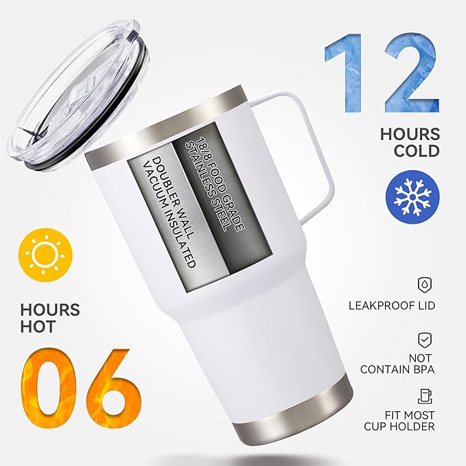 30 oz Tumbler with Handle and Lid, Stainless Steel Tumblers Bulk Double Wall Vacuum Insulated Travel Mug Leak Proof Cup Keep Drinks Cold and Hot White, 8 Pack