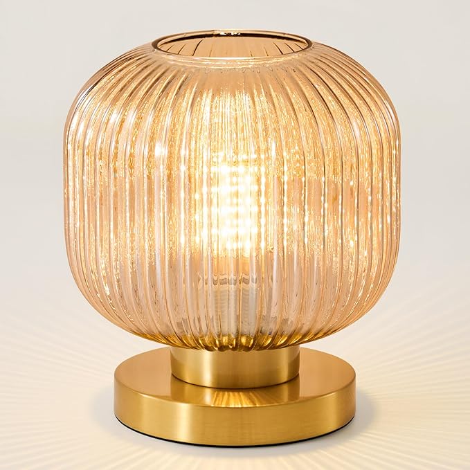 Small Amber Glass Table Lamp: Mid Century Modern Dimmable Nightstand Lamps - Vintage Decor Brass Desk Lamp with Plug - Ribbed Glass Bedside Tables Lamps for Bedroom Living Room Office Bulb Excluded - Bloomnest