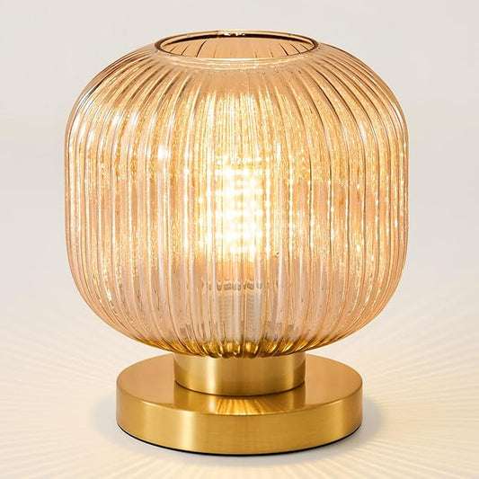 Small Amber Glass Table Lamp: Mid Century Modern Dimmable Nightstand Lamps - Vintage Decor Brass Desk Lamp with Plug - Ribbed Glass Bedside Tables Lamps for Bedroom Living Room Office Bulb Excluded - Bloomnest