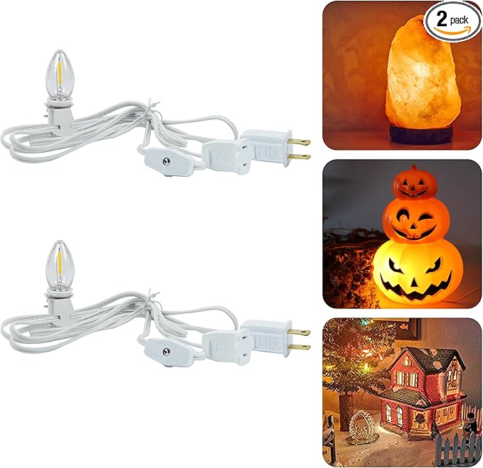 2-Pack Accessory Cord with 2 C7 LED Night Light Bulb, Candelabra-Base E12 Socket White Cord with On/Off Switch Plugs, for Holiday Decorations, Christmas Village House, Pumpkin Lights - Bloomnest
