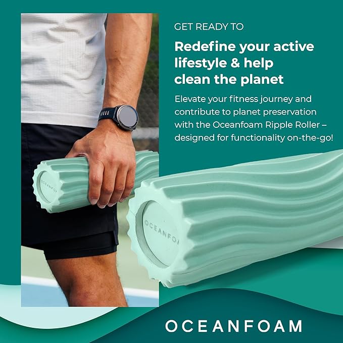 Oceanfoam Ripple Travel Foam Roller (11" x 3.35") Firm Mini Foam Roller for Physical Therapy, Deep Tissue Massage, Back Pain - High Density, Ergonomic Wave Textured - Yoga, Pilates, Exercise (Seafoam) - Bloomnest