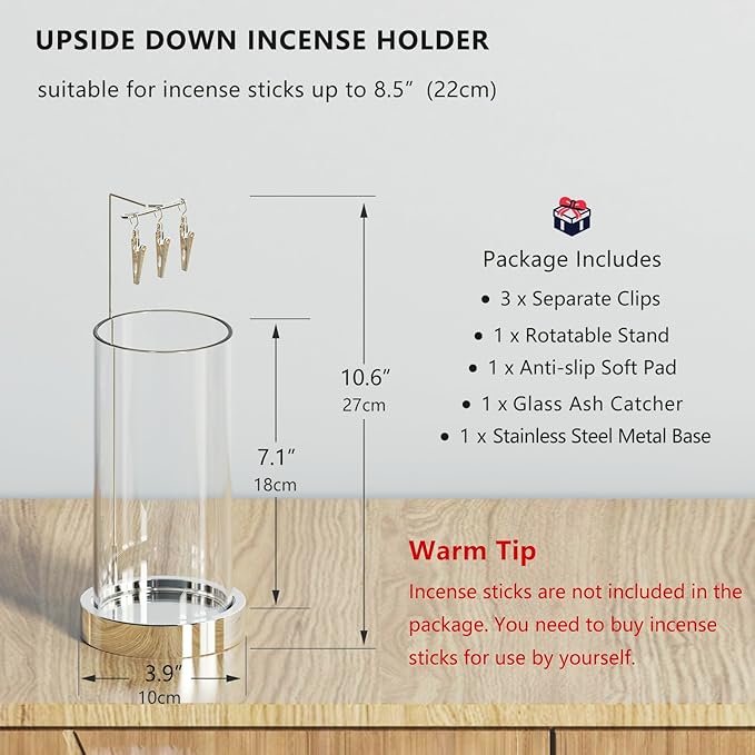 Incense Holder Ash Catcher - Upside Down Glass Incense Holder for Sticks, Reverse Inverted Anti Ash No Mess Insence-Stick Holder, Modern Metal Vertical Incense Burner for Room Decor, Silver - Bloomnest