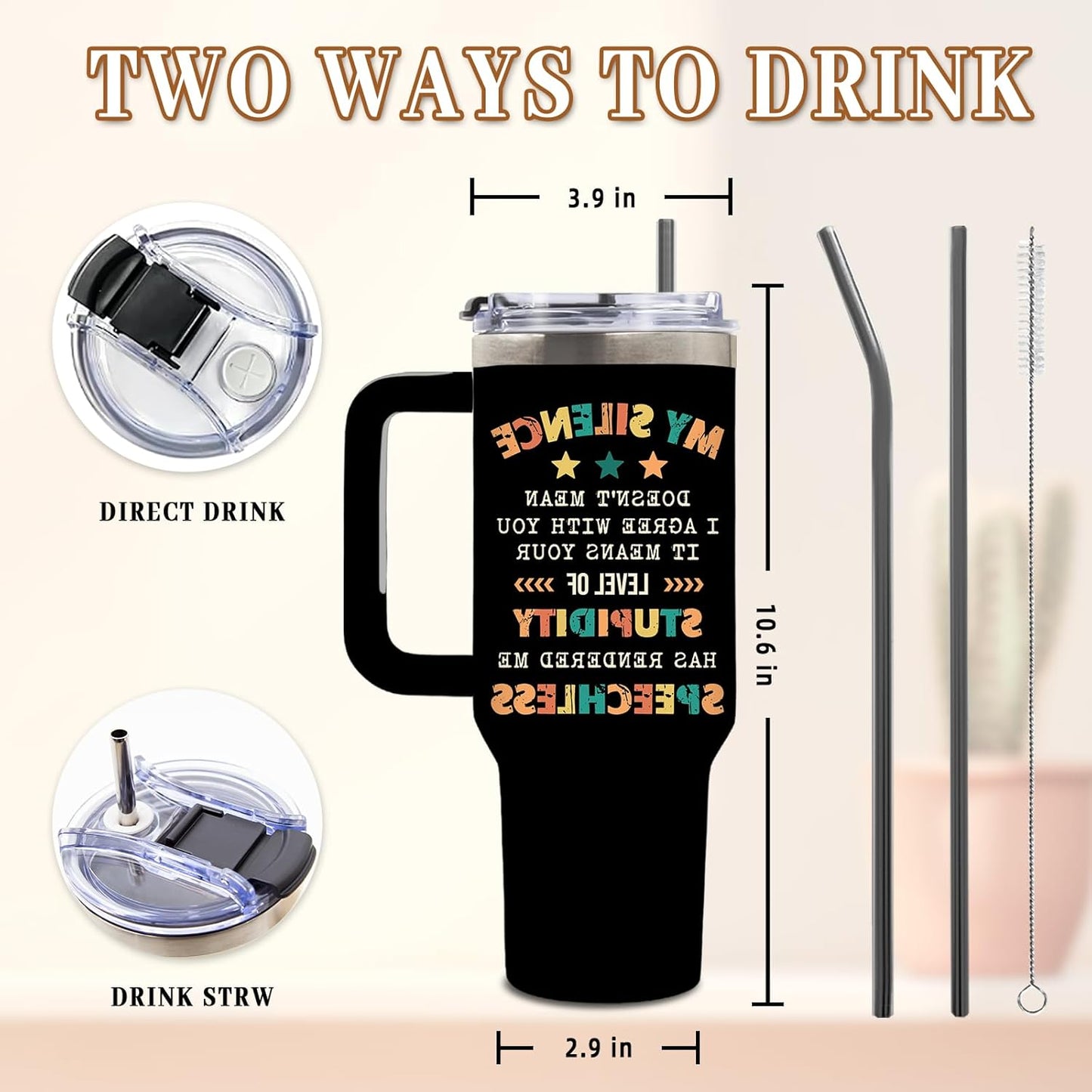 DUUV Sarcastic Tumbler 40 Oz, 'My Silence Doesn't Mean I Agree' Funny Insulated Mug for Christmas Thanksgiving, Gag Gifts for Coworkers, Boss, Friends, Office Parties, 1PCS