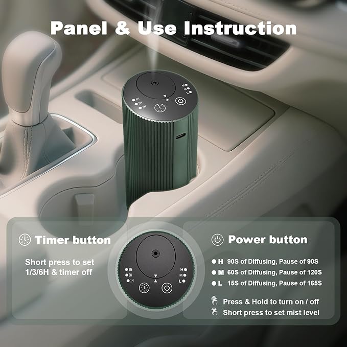 Waterless Essential Oil Diffuser with 4 Timer (1/3/6H & Off) & 3 Mist(L/M/H), Air Scent Diffuser for Home Car Office, Rechargeable Aromatherapy Diffuser, Portable Mini Aroma Diffuser, Dark Green - Bloomnest