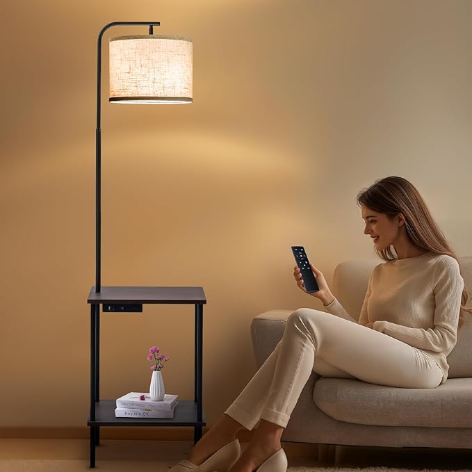 Floor Lamp with Table, End Table Lamp with USB Charging Port Power Outlet and Shelves, Side Table Reading Light with 3 Color Temperature Led Bulb Included, Floor Lamps for Living Room, Walnut - Bloomnest