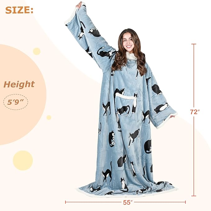 Tirrinia Sherpa Wearable Blanket With Sleeves, Full Body Throw Reading Wrap TV Blankets - Bloomnest