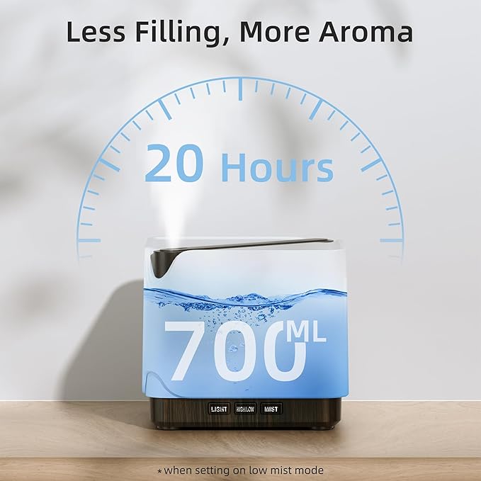 ASAKUKI Essential Oil Diffuser, Multifunctional Ultrasonic Aromatherapy Fragrant Oil Vaporizer Humidifier with Timer, Auto-Off Safety Switch, and 7 LED Light Colors, 700 ml (Brown Wood) - Bloomnest
