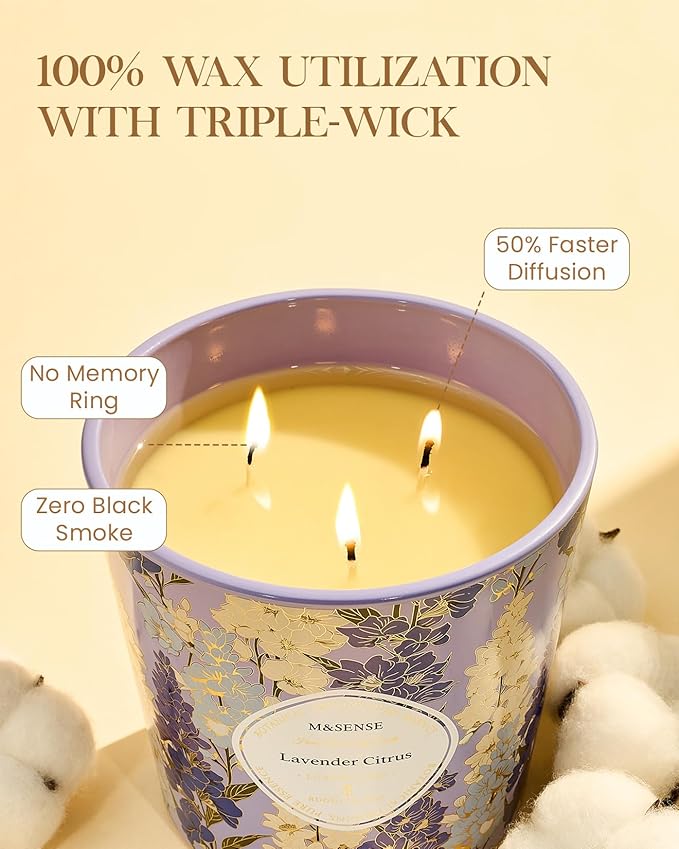M&SENSE Lavender Citrus Scented Candle, 28.2oz 3 Wick Natural Soy Wax Large Candles, Long Lasting Clean Slow Burning No Toxic Décor for Home Relaxation, Romantic Dates & Gift-Giving - Bloomnest