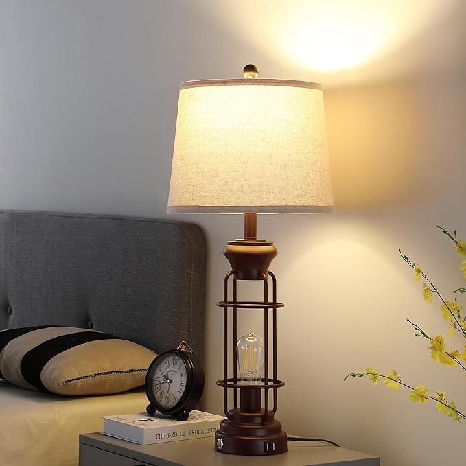 Table Lamps for Living Room Set of 2, 28" Tall Farmhouse Table Lamp with Oil Rubbed Bronze Finish, Bedroom Lamps for Nightstand with White Oatmeal Lampshade, 4 Bulbs Included - Bloomnest