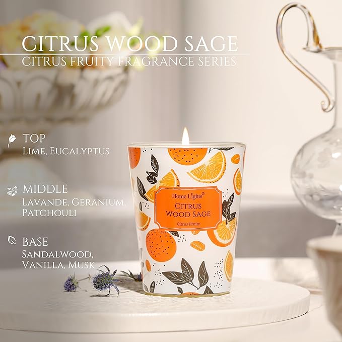 HomeLights Citrus Wood Sage Scented Candles | 6.7oz Soy Candles Eclectic Mixed Styles Large Candle Jars | Ideal Candle Gifts for Events, Home Decor Stress, Relief & Relaxation - Bloomnest