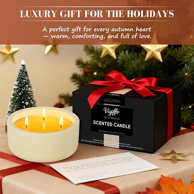 Viyffo Fall Candles - Vanilla & Cinnamon, 3 Wick Large Scented Candle, 20oz Soy Candles for Women & Men, Non Toxic Aromatherapy Candle, Ceramic Velas Perfect for Autumn Home Decor & Gift - Bloomnest