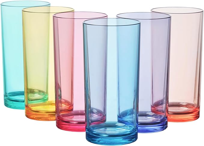 US Acrylic Classic Plastic Reusable Drinking Glasses (Set of 6) 16oz Water Cups Assorted Colors | BPA-Free Tumblers, Made in USA | Top-Rack Dishwasher Safe - Bloomnest