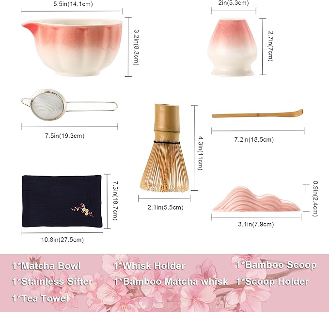 Matcha Whisk Set, 7-Pack Peach Pink Matcha Set - Include Petal Matcha Bowl with Spout, Bamboo Whisk, Chasen Holder, Sifter, Scoop, Tea Towel, Scoop Rest - Perfect Matcha Making Kit for Tea Lover - Bloomnest