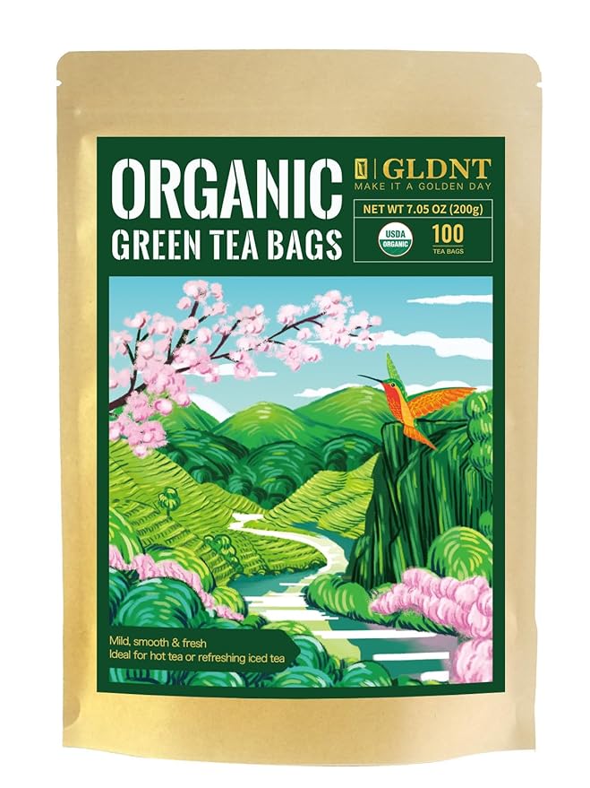 GLDNT Organic Green Tea Bags, Natural Pure Organic Green Tea, Super Antioxidant, Caffeinated, 100 Count - Bloomnest