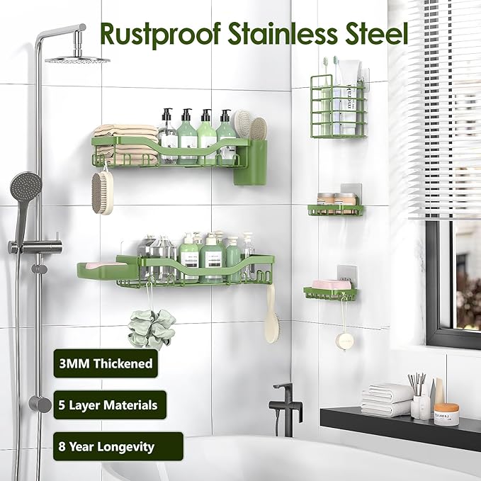 Shower Caddy Adhesive Shower Organizer 7-Pack, Rustproof Stainless Steel Bathroom Shelves, Large Capacity No-Drill Rack Storage Accessories with Soap Dish Toothbrush Holder Hooks - Bloomnest