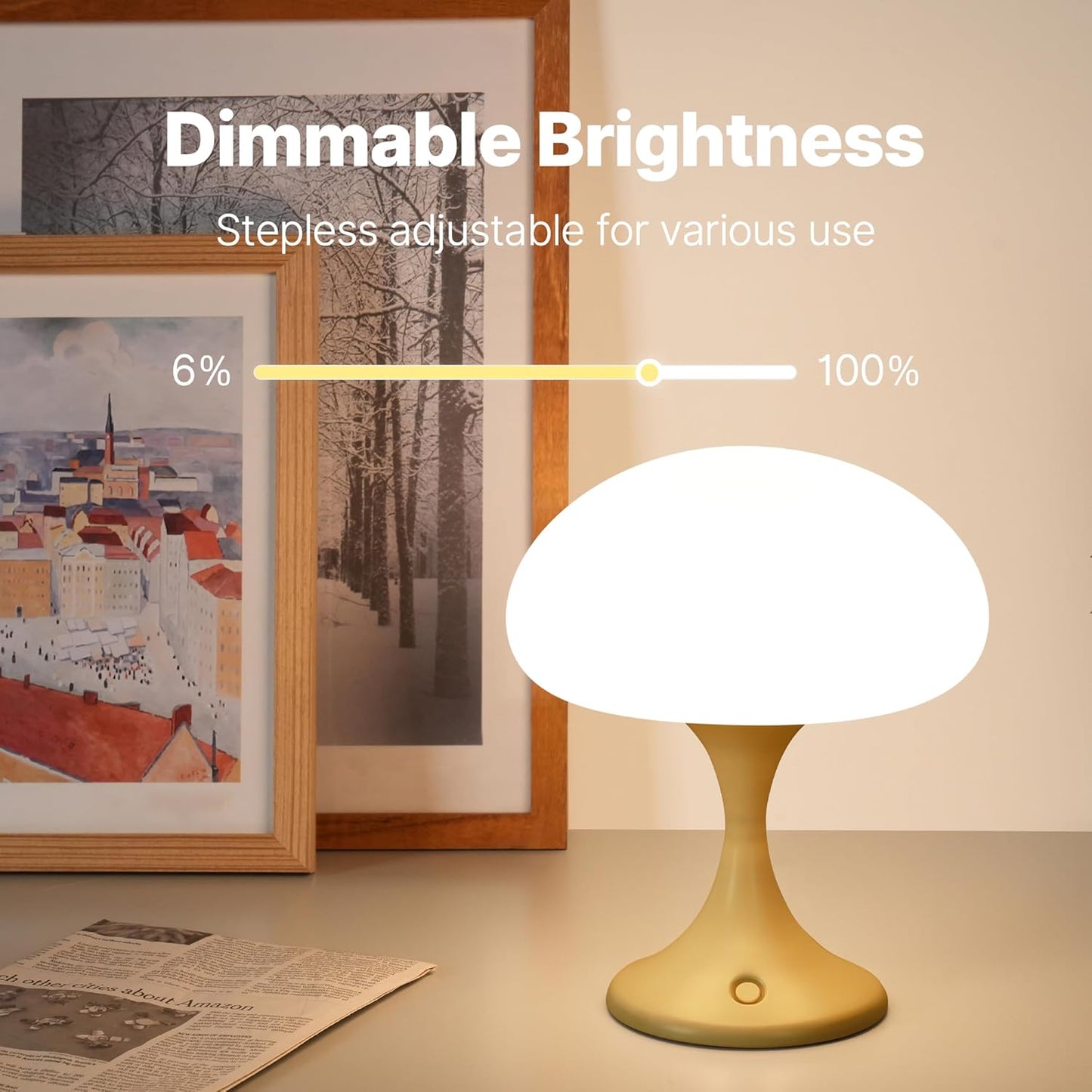 Mushroom Lamp, 5W LED Cordless Rechargeable Table Lamp with Glass Shade, Small Retro Dimmable Touch Light with 3 Color Temps, Aesthetic Mid Century Bedside Light for Bedroom Ambient, Mustard