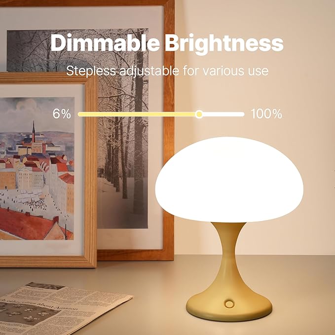 Mushroom Lamp, 5W LED Cordless Rechargeable Table Lamp with Glass Shade, Small Retro Dimmable Touch Light with 3 Color Temps, Aesthetic Mid Century Bedside Light for Bedroom Ambient, Mustard - Bloomnest