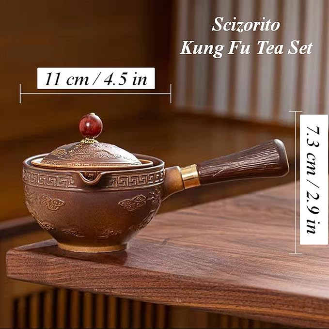 Ceramic Portable Travel Tea Set, Chinese Kungfu Tea Set with 360 Rotation Teapot and Infuser, 4 Tea Cups, Tea Tray And Travel Bag (Carved Dragon)